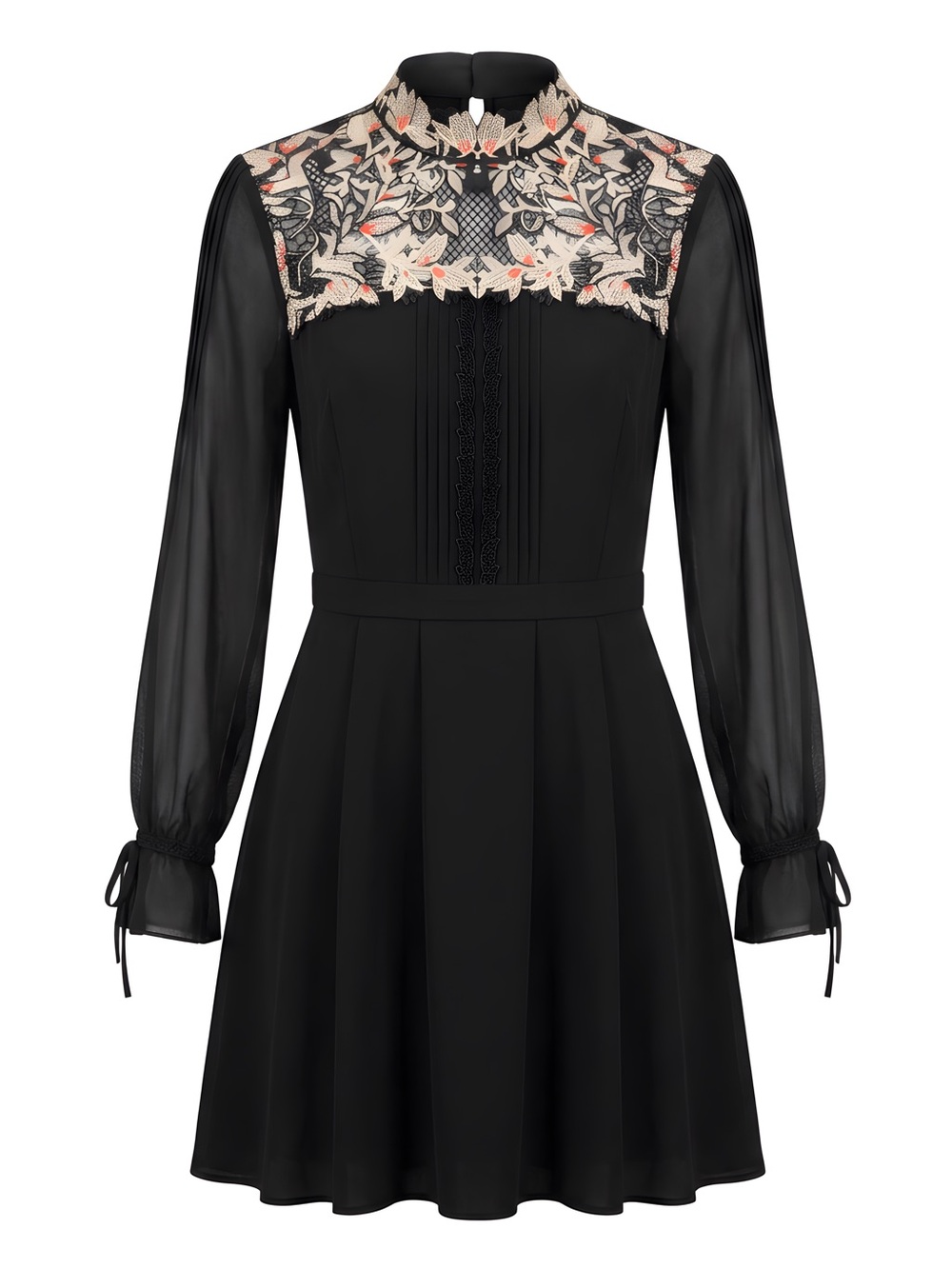 Karen Millen Embroidered Yoke Black Long-Sleeve Fit & Flare Dress